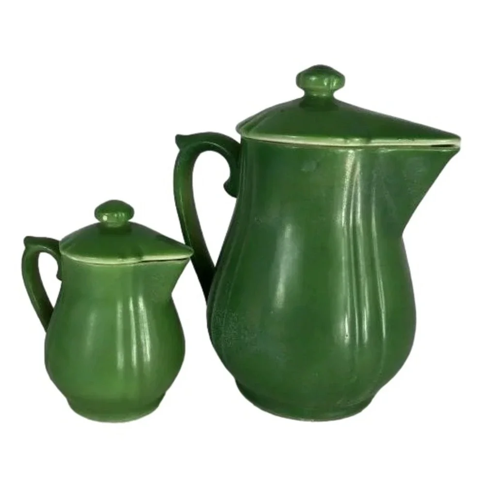 2 PC ANTIQUE 6 in GREEN  TEAPOT‎ & CREAMER - MADE IN JAPAN